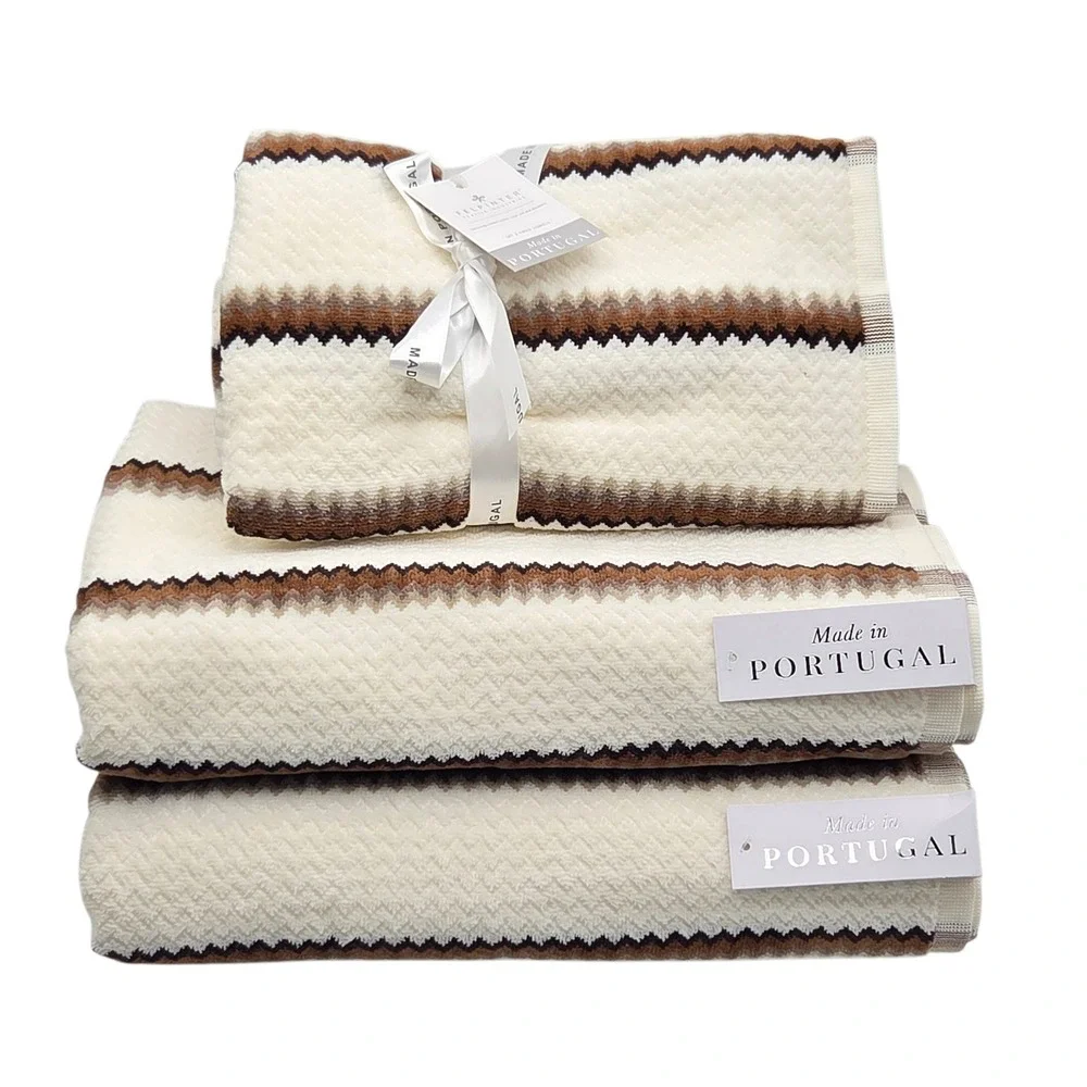 Felpinter 4pc Cotton Bath Hand Towel Set Chevron Stripe Cream Brown Portugal